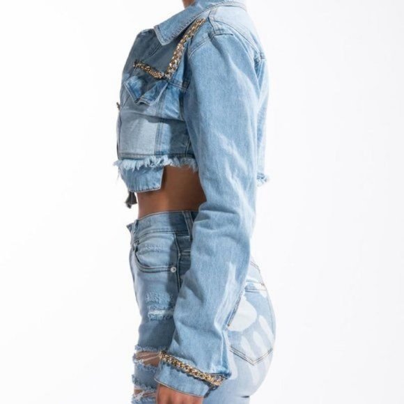 Survivor's Gold: Chain Hem Crop Denim Jacket - Picture 6 of 17